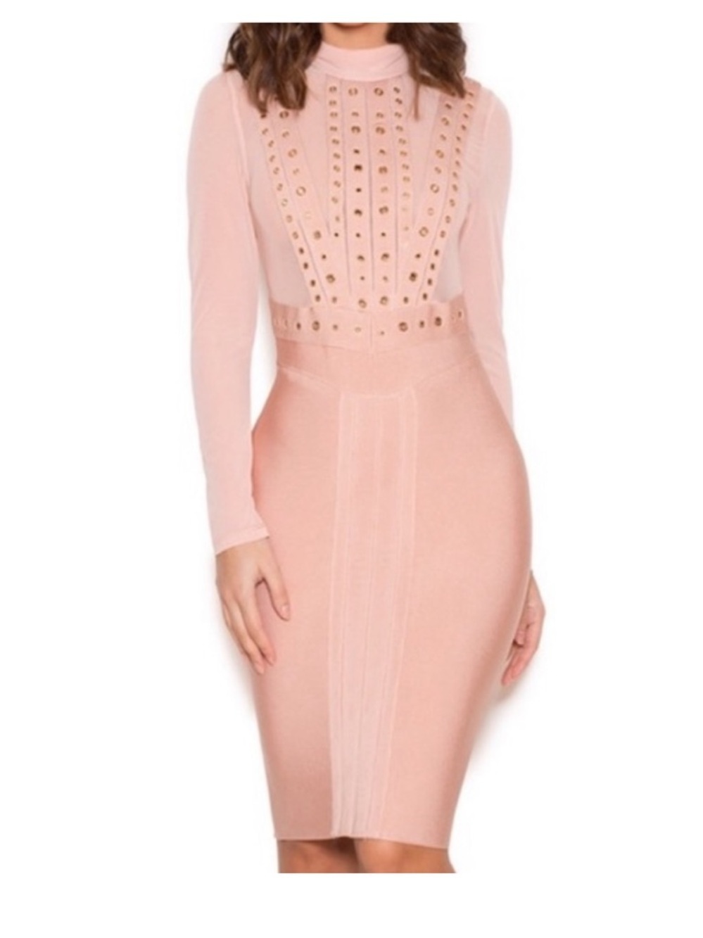 House of CB Lenova Blush Pink Long Sleeve Studded Sheath Dress